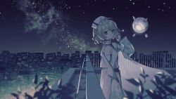Rule 34 | 1girl, bare shoulders, belt, blonde hair, blurry, bob cut, braid, building, cityscape, cross, depth of field, detached sleeves, dress, floating, from side, glowing, hand up, hat, highres, lab coat, light particles, long sleeves, looking at viewer, night, night sky, nurse, nurse cap, nurse robot type t, orange eyes, outdoors, plant, railing, red cross, red eyes, robot, rooftop, see-through, short hair, side braid, sky, solo, star (sky), starry sky, suteinua, swept bangs, twin braids, utau, white dress, white hat, wind