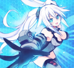 Rule 34 | 10s, 1girl, :d, aqua eyes, bad id, bad pixiv id, bare shoulders, black heart (neptunia), breasts, cleavage, gloves, kami jigen game neptune v, long hair, looking at viewer, mishima kurone, neptune (series), noire (neptunia), open mouth, smile, solo, symbol-shaped pupils, thighhighs, twintails, very long hair, white hair