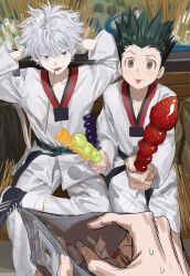 Rule 34 | 3boys, :3, absurdres, arms behind back, black hair, blue eyes, brown eyes, candied fruit, chamuring, child, coin, dougi, fangs, fangs out, food, gon freecss, highres, holding, holding food, holding wallet, hunter x hunter, id card, killua zoldyck, leorio paladiknight, looking at another, male focus, martial arts belt, multiple boys, out of frame, pants, shoes, short hair, sitting, sneakers, spiked hair, tongue, tongue out, wallet, white hair, white pants