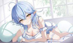Rule 34 | 1girl, ahoge, bare legs, bare shoulders, blanket hug, blue hair, blue petals, blush, braid, breasts, bridal garter, cleavage, closed mouth, commentary request, crossed bangs, dappled sunlight, day, dress, frilled dress, frills, half updo, heart, heart ahoge, highres, hololive, indoors, large breasts, long hair, looking at viewer, lying, multicolored hair, namagome negi, hugging object, on bed, on side, pointy ears, sidelocks, smile, solo, streaked hair, sunlight, virtual youtuber, white dress, window, yellow eyes, yukihana lamy
