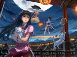 Rule 34 | 4girls, aircraft, airship, amulet, architecture, ass, black hair, black socks, bracelet, cat, china dress, chinese clothes, cross-laced footwear, dress, east asian architecture, full moon, hair ornament, hairband, highres, jeanex, jewelry, kneehighs, lantern, lips, long hair, looking back, magic circle, moon, multiple girls, original, panties, paper lantern, red eyes, sitting, smile, socks, standing, underwear, white panties, white wings, wings