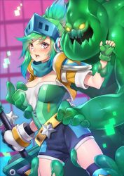 Rule 34 | 1boy, 1girl, alternate costume, alternate hairstyle, arcade (league of legends), arcade riven, blush, grabbing another&#039;s breast, breasts squeezed together, breasts, cleavage, fingerless gloves, fuya (tempupupu), gloves, grabbing, green hair, groping, helmet, hetero, league of legends, long hair, monster, monster boy, nail polish, open mouth, orange eyes, ponytail, riven (league of legends), scarf, shorts, slime, slime boy, sweat, sword, thighhighs, visor, visor (armor), weapon, yellow eyes, zac (league of legends)