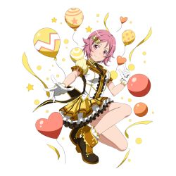 Rule 34 | 1girl, bow, dress, fingerless gloves, full body, gloves, hair bow, layered dress, lisbeth (sao), looking at viewer, on one knee, pink hair, red eyes, ribbon, short dress, short hair, smile, solo, sword art online, transparent background, white gloves, yellow bow, yellow ribbon