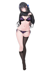 Rule 34 | 1girl, arm behind back, black hair, black sweater, black thighhighs, blue bow, blush, bow, bra, breasts, cleavage, closed mouth, clothes lift, full body, gluteal fold, hair bow, head tilt, highres, lifting own clothes, long hair, long sleeves, looking at viewer, loose thighhigh, medium breasts, navel, original, panties, purple bra, purple eyes, side-tie panties, skindentation, solo, standing, stomach, striped bra, striped clothes, striped panties, sweater, sweater lift, thigh gap, thighhighs, underwear, vertical-striped bra, vertical-striped clothes, vertical-striped panties, very long hair, wavy hair, wavy mouth, xretakex
