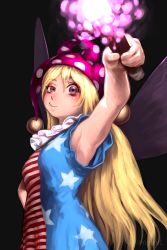 Rule 34 | 1girl, alternate eye color, american flag dress, arm up, armpits, bare arms, black background, blonde hair, blue dress, blush, breasts, brown eyes, clownpiece, commentary request, dress, envenomist (gengoroumaru), fairy wings, hair between eyes, hand on own hip, hat, highres, holding, holding torch, jester cap, long hair, looking at viewer, medium breasts, neck ruff, polka dot headwear, purple hat, red dress, revision, simple background, smile, smirk, solo, star (symbol), star print, striped clothes, striped dress, torch, touhou, uneven eyes, upper body, very long hair, wings