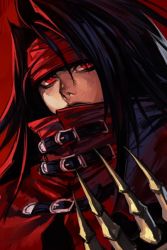 Rule 34 | 1boy, black hair, bright pupils, claws, closed mouth, final fantasy, final fantasy vii, hand up, headband, high collar, hungry clicker, long hair, looking at viewer, male focus, red background, red eyes, simple background, solo, square enix, vincent valentine
