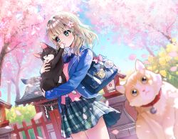 Rule 34 | 1girl, absurdres, animal, aqua hair, bag, bell, black cat, blonde hair, blue jacket, blurry, blurry foreground, cat, cherry blossoms, day, falling petals, fence, flower, green eyes, green skirt, hair flower, hair ornament, highres, holding, holding animal, holding cat, jacket, long sleeves, looking at viewer, medium hair, mole, mole under eye, multicolored hair, nature, neck bell, original, outdoors, petals, pink flower, pink vest, plaid, plaid skirt, pout, school bag, sheep, shrine, skirt, sky, solo, standing, streaked hair, thighs, tree, vest, wellsy, wind, yellow flower