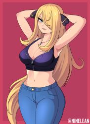 Rule 34 | 1girl, armpits, arms behind head, blonde hair, breasts, cleavage, creatures (company), cynthia (pokemon), denim, game freak, grey eyes, hair over one eye, highres, jeans, large breasts, legs, long hair, looking at viewer, midriff, navel, ninelean, nintendo, pants, parted lips, pokemon, pokemon dppt, smile, solo, thighs, very long hair, wide hips