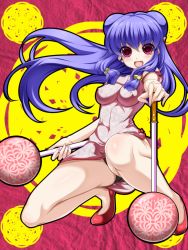Rule 34 | 1girl, :d, bell, blush, breasts, china dress, chinese clothes, chui, double bun, dress, dual wielding, covered erect nipples, fang, hair ornament, highres, holding, jingle bell, legs, long hair, mace, navel, open mouth, panties, purple hair, ranma 1/2, shampoo (ranma 1/2), shoes, smile, solo, squatting, toron (mino106), underwear, weapon