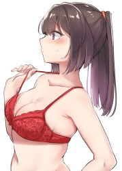 Rule 34 | 1girl, absurdres, akizuki (kancolle), black hair, blush, bra, breasts, collarbone, from side, highres, kantai collection, kiritto, long hair, medium breasts, navel, ponytail, purple eyes, red bra, simple background, solo, underwear, underwear only, upper body, white background