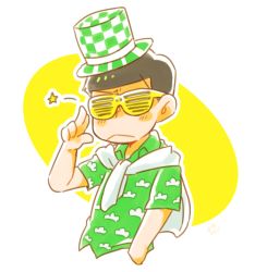 Rule 34 | 10s, 1boy, :&lt;, bad id, bad twitter id, cardigan, green shirt, hand in pocket, hat, male focus, matsuno choromatsu, osomatsu-kun, osomatsu-san, osomatsu (series), patterned, patterned clothing, salute, shirt, shutter shades, solo, star (symbol), top hat, two-finger salute, upper body, yatora 2-gou
