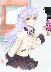 Rule 34 | 1girl, angel beats!, cowboy shot, feathers, girls dead monster, hair ornament, half updo, highres, indoors, key (company), long hair, long sleeves, looking at viewer, open mouth, poster (object), ribbon, school uniform, shirt, silver hair, skirt, solo, standing, tenshi (angel beats!), user ffcj2587, white shirt, window, yellow eyes