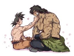 Rule 34 | 2boys, abs, bara, black eyes, black hair, blush, broly (dragon ball super), bruise, bruise on face, bulge, clothes around waist, couple, dark skin, dark-skinned male, dragon ball, dragon ball super, dragon ball super broly, eye contact, facial scar, from side, hand on another&#039;s face, hano (hanos91), injury, interracial, large pectorals, crossed legs, looking at another, pectoral cleavage, male focus, medium hair, multiple boys, muscular, muscular male, nipples, pants, pectorals, scar, scar on cheek, scar on chest, scar on face, shirt, shirt around waist, topless male, short hair, size difference, son goku, spiked hair, stomach, torn clothes, torn pants, yaoi