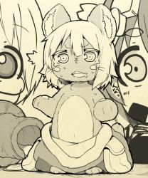 Rule 34 | 1boy, 2girls, 3:, ^^^, animal ears, commentary request, d:, furry, looking at another, made in abyss, mini person, minigirl, monochrome, multiple girls, nanachi (made in abyss), navel, nejime, open mouth, pants, regu (made in abyss), riko (made in abyss), saliva, sepia, short hair, standing, surprised, worried