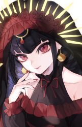 Rule 34 | 1girl, bare shoulders, blunt bangs, breasts, celestia ludenberg, closed mouth, danganronpa: trigger happy havoc, danganronpa (series), drill hair, earrings, hair ornament, hand up, highres, jewelry, large breasts, looking at viewer, nakiyande, official alternate costume, red eyes, red nails, smile, solo, twin drills, twintails