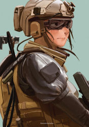 Rule 34 | 1girl, black shirt, blue background, blush, brown headwear, brown vest, closed mouth, commentary, english commentary, faiz azhar, from side, goggles, helmet, highres, holding, holding weapon, load bearing vest, original, shirt, simple background, solo, sweat, tactical clothes, upper body, vest, weapon