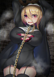 Rule 34 | 1girl, arms up, blonde hair, blush, bra, breasts, chain, dress, garter straps, habit, highres, large breasts, long hair, nun, original, red eyes, restrained, solo, tamano nae, thighhighs, torn clothes, underwear