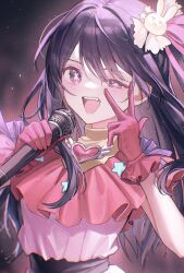 Rule 34 | 1girl, ban (one ban7241), blush, dress, frilled dress, frills, gloves, hair ornament, heart, highres, holding, holding microphone, hoshino ai (oshi no ko), idol, long hair, microphone, open mouth, oshi no ko, pink dress, pink gloves, purple eyes, purple hair, rabbit hair ornament, solo, star-shaped pupils, star (symbol), symbol-shaped pupils, teeth, v