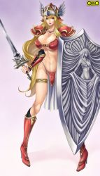 Rule 34 | armor, bikini armor, blonde hair, breasts, large breasts, omc, red eyes, shield, sword, weapon