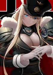Rule 34 | 1girl, azur lane, bismarck (azur lane), bismarck (coat of arms), black cape, black dress, blonde hair, blue eyes, breasts, cape, cleavage, closed mouth, coat of arms, commentary request, dress, flag background, fur-trimmed cape, fur trim, gloves, hair between eyes, hat, highres, interlocked fingers, large breasts, long hair, long sleeves, looking at viewer, medal, military, military uniform, oshida bob, peaked cap, red cape, sidelocks, smile, solo, standing, uniform, upper body