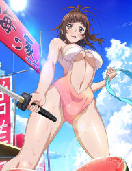 Rule 34 | 1girl, bare arms, bare legs, blue sky, breasts, brown eyes, brown hair, casual one-piece swimsuit, cloud, day, floating hair, food, from below, fruit, gradient swimsuit, high ponytail, holding, holding sword, holding weapon, ikkitousen, katana, large breasts, long hair, looking at viewer, navel, one-piece swimsuit, open mouth, outdoors, pink one-piece swimsuit, shiny skin, sky, solo, sun, sunlight, swimsuit, sword, underboob, watermelon, wavy mouth, weapon, white one-piece swimsuit, yagyu mitsuyoshi