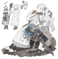 Rule 34 | 1boy, 1girl, :o, age difference, aged down, alternate universe, black pantyhose, blue hair, blush, book, boots, bouquet, capelet, chair, chibi, child, cloak, closed eyes, coat, earrings, elf, expressionless, facing to the side, flower, frieren, grey cloak, grey footwear, hair down, hair flower, hair ornament, hair over shoulder, hand up, height difference, himmel (sousou no frieren), holding, holding book, holding flower, holding staff, hood, hood down, hooded cloak, jewelry, knee boots, kneeling, lap pillow, leaning back, leaning forward, long hair, long sleeves, ma fu, magic, mole, mole under eye, multiple views, pants, pantyhose, petal on head, pointy ears, rocking chair, short hair, sideways glance, sitting, slippers, snow on head, sousou no frieren, staff, standing, surprised, tunic, twintails, white background, white capelet, white coat, white pants