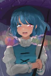 Rule 34 | 1girl, backlighting, blue eyes, blue hair, blue vest, crying, crying with eyes open, heterochromia, holding, holding umbrella, honi (honix3), juliet sleeves, light particles, long sleeves, matching hair/eyes, open mouth, puffy sleeves, rain, red eyes, short hair, sketch, solo, tatara kogasa, tears, teeth, tongue, touhou, turtleneck, umbrella, vest, wind