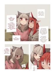 Rule 34 | 2girls, absurdres, alternate costume, alternate hairstyle, animal ears, arknights, blunt bangs, blush, closed mouth, comic, english text, eye contact, fox ears, frostleaf (arknights), grey shirt, highres, horns, long hair, looking at another, material growth, multiple girls, open mouth, oripathy lesion (arknights), pink eyes, pink shirt, pointy ears, red eyes, red hair, shirt, short sleeves, speech bubble, surprised, togekk0, vigna (arknights), wide-eyed