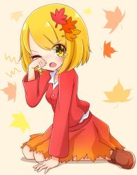 Rule 34 | 1girl, aki shizuha, blonde hair, blush, brown footwear, commentary request, full body, gradient skirt, hair ornament, hand up, highres, inon, leaf hair ornament, long sleeves, looking at viewer, one eye closed, open mouth, rubbing eyes, shoes, short hair, sitting, skirt, solo, tears, touhou, v-shaped eyebrows, yellow eyes