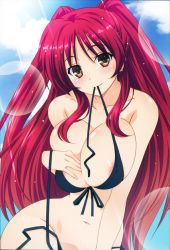 Rule 34 | 1girl, areola slip, bare shoulders, bikini, bikini top only, blush, breasts, breasts squeezed together, brown eyes, collarbone, huge breasts, izumi mahiru, kousaka tamaki, long hair, looking at viewer, mouth hold, navel, red hair, simple background, smile, solo, sunlight, sweat, swimsuit, to heart (series), to heart 2, twintails
