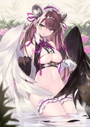 Rule 34 | 1girl, angel wings, asymmetrical gloves, bad id, bad twitter id, bare shoulders, black gloves, blurry, breasts, bridal garter, brown hair, cleavage, commentary request, crop top, curled horns, earrings, elbow gloves, feathered wings, flower, gloves, green eyes, headdress, highres, horns, jewelry, large breasts, long hair, looking at viewer, mismatched gloves, mole, mole on breast, nanananana, navel, neck ribbon, original, panties, parted lips, pink flower, purple ribbon, ribbon, side-tie panties, sleeveless, solo, stomach, underwear, untied panties, unworn panties, water, wet, white gloves, white panties, wing collar, wings