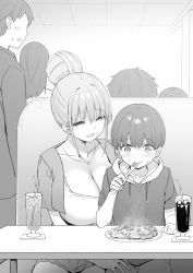 Rule 34 | 3boys, 3girls, age difference, blush, breasts, chair, child, closed mouth, collarbone, commentary, condensation, cup, drinking straw, eating, food, fork, greyscale, hair bun, hand on another&#039;s thigh, highres, hinano (sky-freedom), holding, holding fork, hood, hoodie, ice, ice cube, indoors, large breasts, long hair, looking at another, looking back, meatball, monochrome, multiple boys, multiple girls, napkin, onee-shota, open mouth, original, pasta, plate, single hair bun, sitting, skirt, sky-freedom, soda, spaghetti, standing, steam, sweat, table, teeth