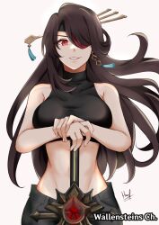 Rule 34 | 1girl, absurdres, alternate costume, bare arms, bare shoulders, beidou (genshin impact), black hair, black shirt, breasts, commentary, commission, crop top, english commentary, eyepatch, genshin impact, grey background, grin, hair ornament, hair over one eye, hair stick, harumi rim, highres, large breasts, long hair, looking at viewer, midriff, red eyes, second-party source, shirt, simple background, sleeveless, sleeveless shirt, smile, solo, stomach, sword, upper body, very long hair, weapon