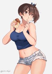 Rule 34 | 1girl, blue tank top, blush, breasts, brown eyes, brown hair, chicken (food), cleavage, closed mouth, collarbone, cowboy shot, eating, familymart, food, grey background, hair between eyes, holding, holding food, kaga (kancolle), kantai collection, large breasts, long hair, navel, rin (rin niji), short shorts, shorts, side ponytail, simple background, solo, standing, tank top, twitter username, white shorts