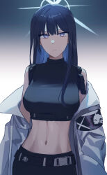 Rule 34 | 1girl, aete, bare shoulders, belt, black belt, black shirt, blue archive, blue eyes, blue hair, blue shirt, breasts, coat, commentary request, crop top, gradient background, large breasts, long hair, looking at viewer, midriff, navel, no headwear, off shoulder, open clothes, open coat, saori (blue archive), shirt, sleeveless, sleeveless shirt, solo, stomach, upper body, white background, white coat