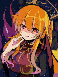 1girl :d black_background energy harakune_(mugennero) headdress highres junko_(touhou) long_hair looking_at_viewer one-hour_drawing_challenge open_mouth orange_hair red_eyes simple_background smile solo tabard touhou upper_body