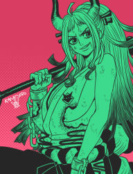 Rule 34 | 1girl, ahoge, arm at side, artist name, bare arms, bare shoulders, breasts, burnt, burnt clothes, chain, cleavage, club (weapon), cuffs, earrings, evil grin, evil smile, fingernails, grin, hair ornament, hair stick, high ponytail, horns, huge breasts, japanese clothes, jewelry, kameseru, kanabou, kataginu, long hair, looking at viewer, multicolored horns, nipples, no bra, one piece, oni, over shoulder, rope, scratches, shackles, shimenawa, sideboob, sidelocks, smile, solo, torn clothes, upper body, v-shaped eyebrows, weapon, weapon over shoulder, yamato (one piece)