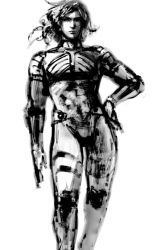 Rule 34 | 1boy, androgynous, bodysuit, elbow pads, greyscale, hand on own hip, male focus, metal gear (series), metal gear solid 2: sons of liberty, monochrome, raiden (metal gear), simple background, solo, thigh strap, turtleneck, white background, yodo
