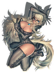 Rule 34 | 10s, 1girl, 2014, alien1452, animal ears, blonde hair, blue eyes, boots, breasts, cleavage, fake animal ears, glasses, heart, high heel boots, high heels, highres, jewelry, large breasts, legs, long hair, open mouth, pendant, rabbit ears, silhouette, simple background, smile, solo, thigh boots, thighhighs, thighs, white background