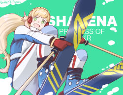 Rule 34 | 1girl, alternate costume, blonde hair, blush, braid, earmuffs, fire emblem, fire emblem heroes, gloves, green background, green eyes, ippers, long hair, nintendo, open mouth, sharena (fire emblem), simple background, ski boots, skis, snow, solo, twitter username