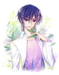 Rule 34 | 1boy, bad id, bad pixiv id, blue hair, brown eyes, closed mouth, code geass, collarbone, collared shirt, cropped torso, dress shirt, hair between eyes, highres, kubird meme, lelouch vi britannia, looking at viewer, male focus, open clothes, open shirt, pink shirt, shirt, smile, solo, white background, white shirt, wing collar