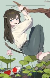 Rule 34 | 1girl, absurdres, ahoge, animal ear fluff, animal ears, barefoot, belt, blue eyes, brown hair, cat ears, cat girl, cat tail, fish, flower, garin, highres, koi, lily pad, long hair, looking at viewer, open mouth, original, pants, pond, shirt, snake, solo, tail, teeth, twitter username, watch, water, white shirt, wristwatch