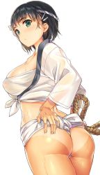 Rule 34 | 1girl, ass, ass grab, black eyes, black hair, blush, bob cut, breasts, commentary request, deep skin, from behind, fundoshi, grabbing own ass, green eyes, hair ornament, hairclip, highres, japanese clothes, kirigaya suguha, large breasts, looking at viewer, looking back, mizu happi, mokyu, no pants, shiny skin, short hair, simple background, solo, standing, sweat, sword art online, tan, tanline, wet, white background