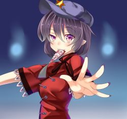 Rule 34 | 1girl, ashu, black hair, blouse, blue background, from side, gradient background, hair between eyes, hat, miyako yoshika, mouth hold, nail polish, ofuda, open hand, pointy ears, purple eyes, purple hat, purple nails, red shirt, shirt, short hair, simple background, solo, touhou