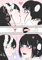 Rule 34 | 2girls, ?, absurdres, after kiss, black hair, black lips, byackopath (artist), closed eyes, commentary request, eyeshadow, grabbing another&#039;s chin, hand on another&#039;s chin, hand on another&#039;s head, heart, highres, kiss, makeup, multiple girls, open mouth, original, purple eyes, purple eyeshadow, red eyes, saliva, saliva trail, speech bubble, teeth, translation request, upper teeth only, yuri