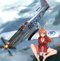 Rule 34 | 1girl, 501st joint fighter wing, animal ears, ayakumo, barefoot, blue eyes, breasts, charlotte e. yeager, cleavage, cloud, cloudy sky, escort fighter, highres, jacket, large breasts, long hair, navel, open mouth, orange hair, p-51 mustang, panties, rabbit ears, rabbit girl, red jacket, sky, soles, spread toes, strike witches, toes, underwear, vehicle focus, white panties, world witches series