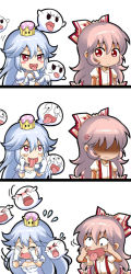 Rule 34 | &gt; &lt;, 2girls, 3koma, :d, akanbe, anger vein, black eyes, blush stickers, boo (mario), bow, breasts, chibi, chinese commentary, choker, comic, commentary request, cross-eyed, crossover, crown, crying, dress, eyelid pull, flying teardrops, frilled choker, frills, fujiwara no mokou, gloves, hair bow, hands up, jokanhiyou, long hair, looking at another, luigi&#039;s mansion, making faces, mario (series), medium breasts, mini crown, multiple girls, new super mario bros. u deluxe, nintendo, open mouth, pink hair, princess king boo, puffy short sleeves, puffy sleeves, red eyes, shaded face, shirt, short sleeves, silver hair, smile, super crown, suspenders, tongue, tongue out, touhou, very long hair, wavy mouth, white bow, white choker, white dress, white gloves, white shirt