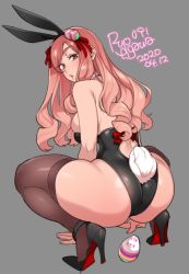 Rule 34 | 1girl, 2020, :o, agawa ryou, animal ears, ass, breasts, brown thighhighs, commentary, dated, easter egg, egg, egg hair ornament, fake animal ears, food-themed hair ornament, from behind, full body, grey background, hair ornament, high heels, large breasts, leotard, long hair, looking at viewer, looking back, original, parted lips, pink hair, playboy bunny, pumps, rabbit ears, rabbit tail, red hair, simple background, skindentation, solo, squatting, tail, thick eyebrows, thighhighs