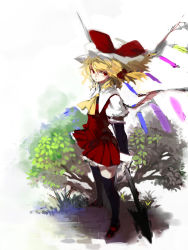 Rule 34 | 1girl, adapted costume, ascot, black thighhighs, embodiment of scarlet devil, female focus, flandre scarlet, from side, full body, hat, layered sleeves, long sleeves, miniskirt, mob cap, nature, outdoors, short over long sleeves, short sleeves, skirt, solo, standing, thighhighs, tlman, touhou, wind, wings, yellow ascot