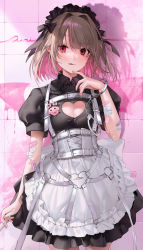 Rule 34 | 1girl, apron, bandaid, bandaid on arm, black dress, brown hair, chest harness, cleavage cutout, clothing cutout, collared dress, colored inner hair, cowboy shot, cuffs, dress, ear piercing, frilled apron, frilled shirt collar, frills, hand up, handcuffs, harness, heart cutout, highres, holding, looking at viewer, maid headdress, makaino ririmu, makaino ririmu (5th costume), multicolored hair, nijisanji, official alternate costume, piercing, pink background, pink hair, pointy ears, puffy short sleeves, puffy sleeves, red eyes, short hair, short sleeves, solo, standing, unxi, virtual youtuber, white apron